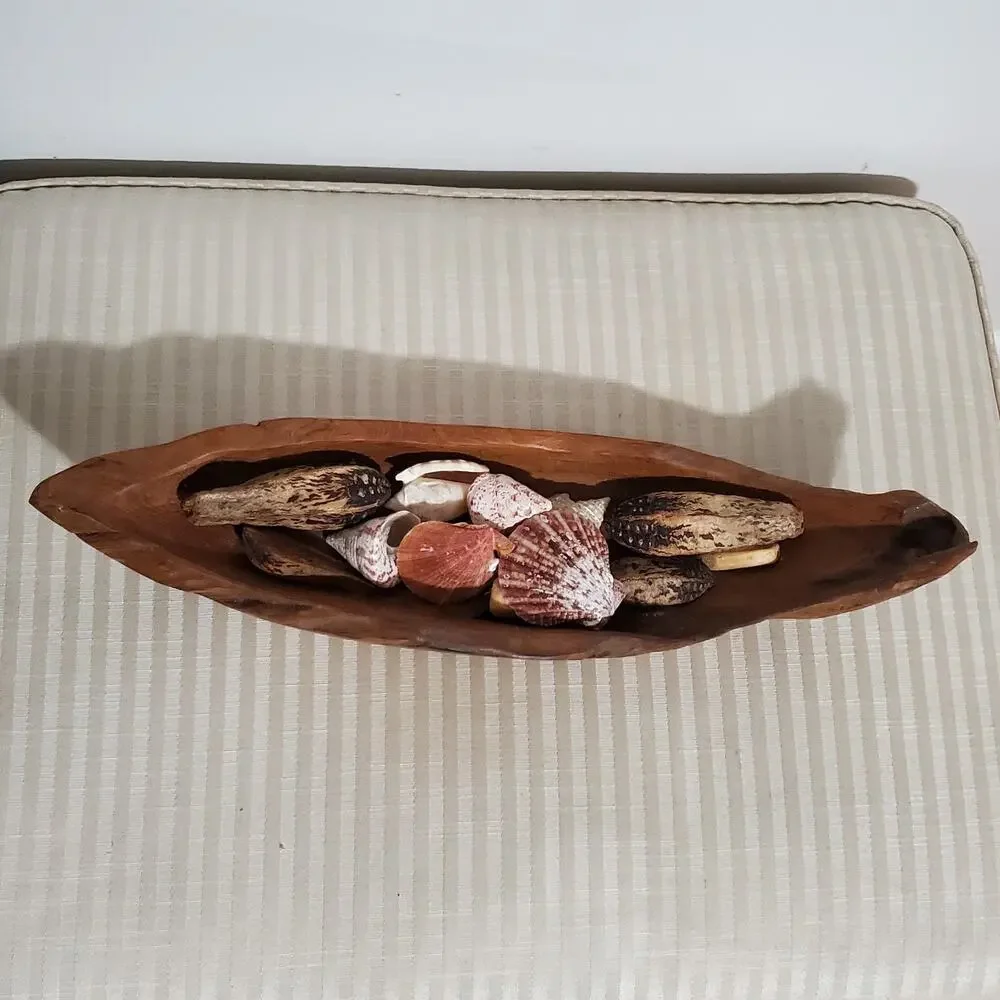 Hand Carved Boat Shaped Teak Wood Bowl Rustic Centerpiece with Filler 18